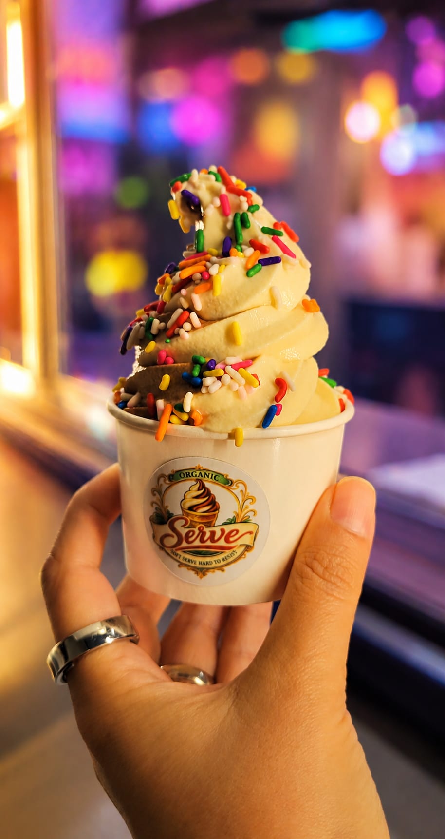 A vanilla soft serve from Serve, topped with rainbow sprinkles, in a branded paper cup.