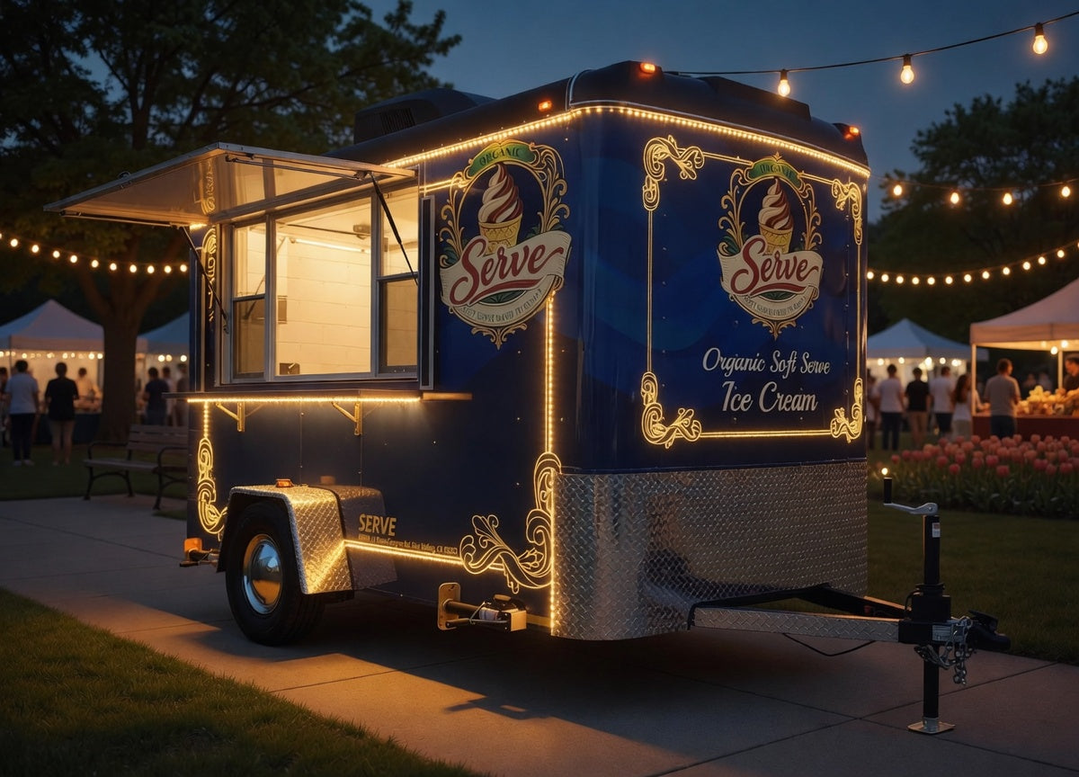 The Serve trailer at an outdoor event at night, lit up with string lights, surrounded by festival tents.